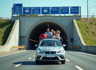 Famille en voiture passant par l'entrée de l'Eurotunnel en journée