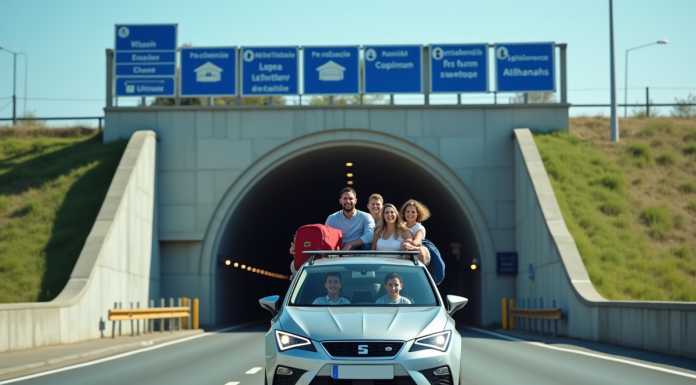 Famille en voiture passant par l'entrée de l'Eurotunnel en journée