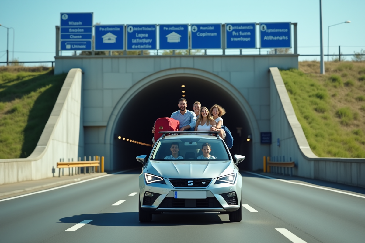 Famille en voiture passant par l'entrée de l'Eurotunnel en journée