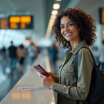 Femme voyageuse à l'aéroport avec passeport et billet