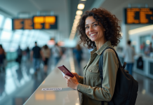 Femme voyageuse à l'aéroport avec passeport et billet