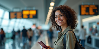 Femme voyageuse à l'aéroport avec passeport et billet