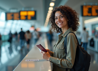 Femme voyageuse à l'aéroport avec passeport et billet