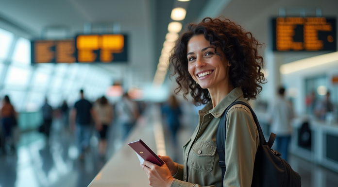 Femme voyageuse à l'aéroport avec passeport et billet