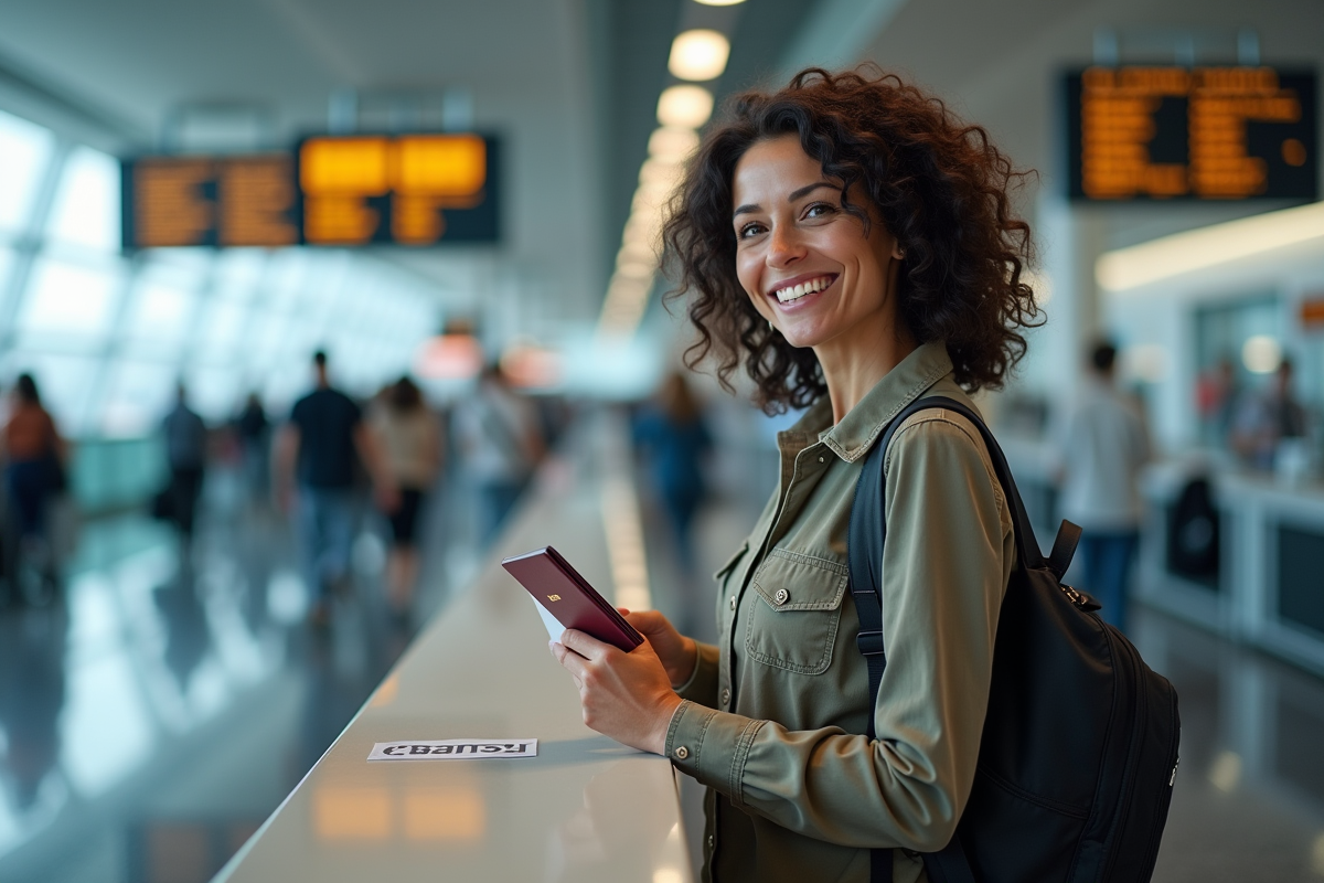 Femme voyageuse à l'aéroport avec passeport et billet