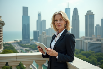 Femme d affaires confiante sur un balcon avec vue sur la ville