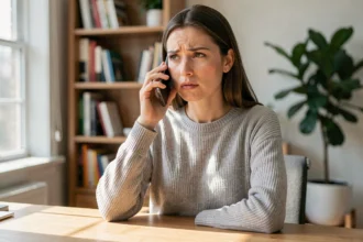 Femme passant un appel au service client BlaBlaCar depuis son bureau à domicile