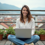 Jeune femme sur balcon avec ordinateur et ville en arrière-plan