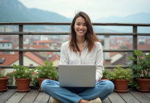 Jeune femme sur balcon avec ordinateur et ville en arrière-plan