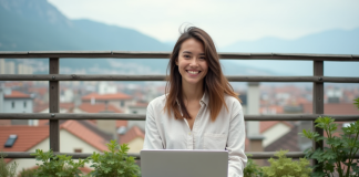 Digital nomad : les meilleures destinations pour vivre et travailler Jeune femme sur balcon avec ordinateur et ville en arrière-plan