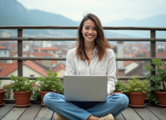 Jeune femme sur balcon avec ordinateur et ville en arrière-plan