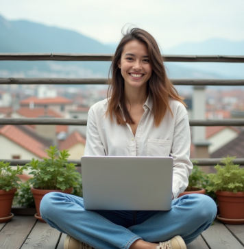 Digital nomad : les meilleures destinations pour vivre et travailler Jeune femme sur balcon avec ordinateur et ville en arrière-plan