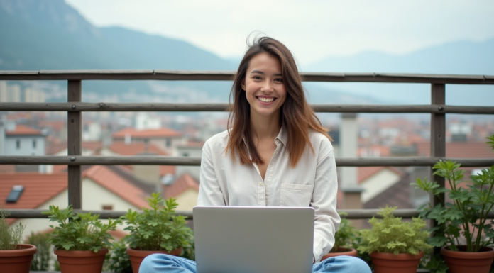 Jeune femme sur balcon avec ordinateur et ville en arrière-plan