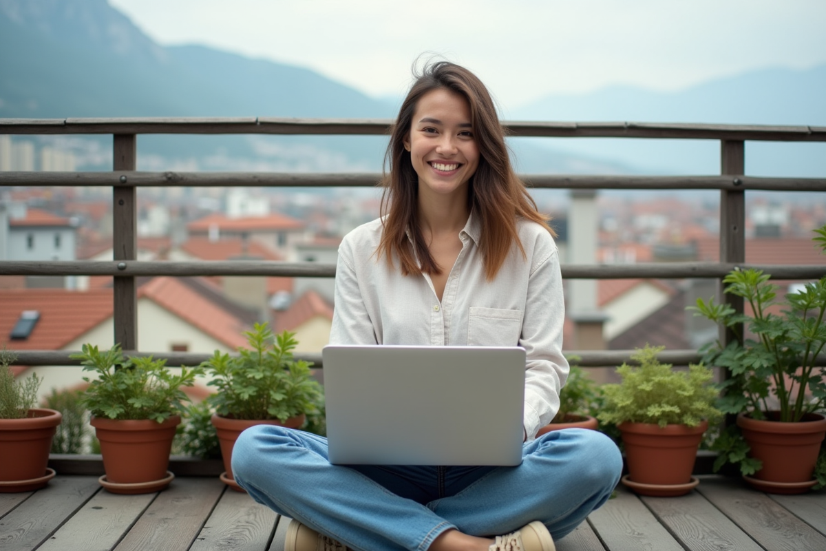Jeune femme sur balcon avec ordinateur et ville en arrière-plan