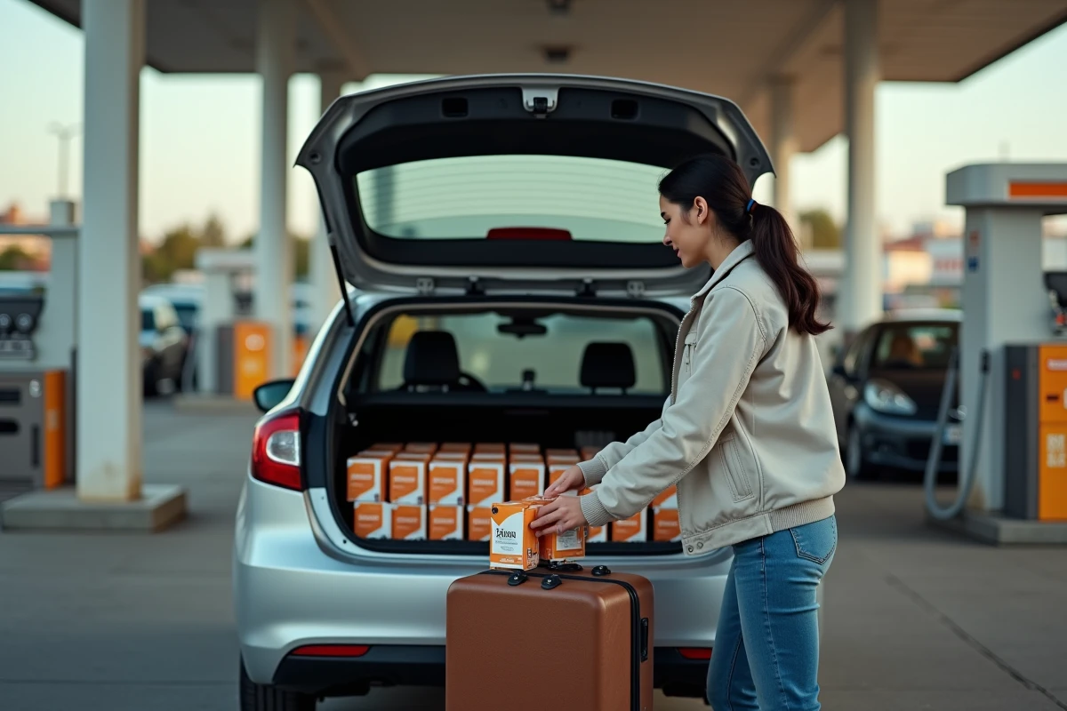 Jeune femme chargeant des cigarettes dans une voiture à la frontière