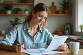 Femme organisant son budget vacances avec un tableau imprimé sur une table en bois dans une cuisine chaleureuse
