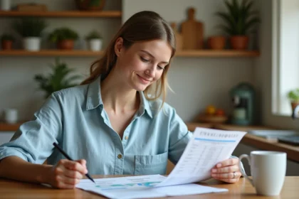 Femme organisant son budget vacances avec un tableau imprimé sur une table en bois dans une cuisine chaleureuse