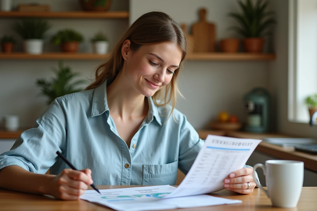 Femme organisant son budget vacances avec un tableau imprimé sur une table en bois dans une cuisine chaleureuse