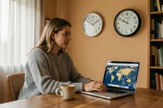 Femme consultant deux horloges murales affichant l'heure de Paris et de La Réunion depuis son bureau à domicile pour gérer le décalage horaire