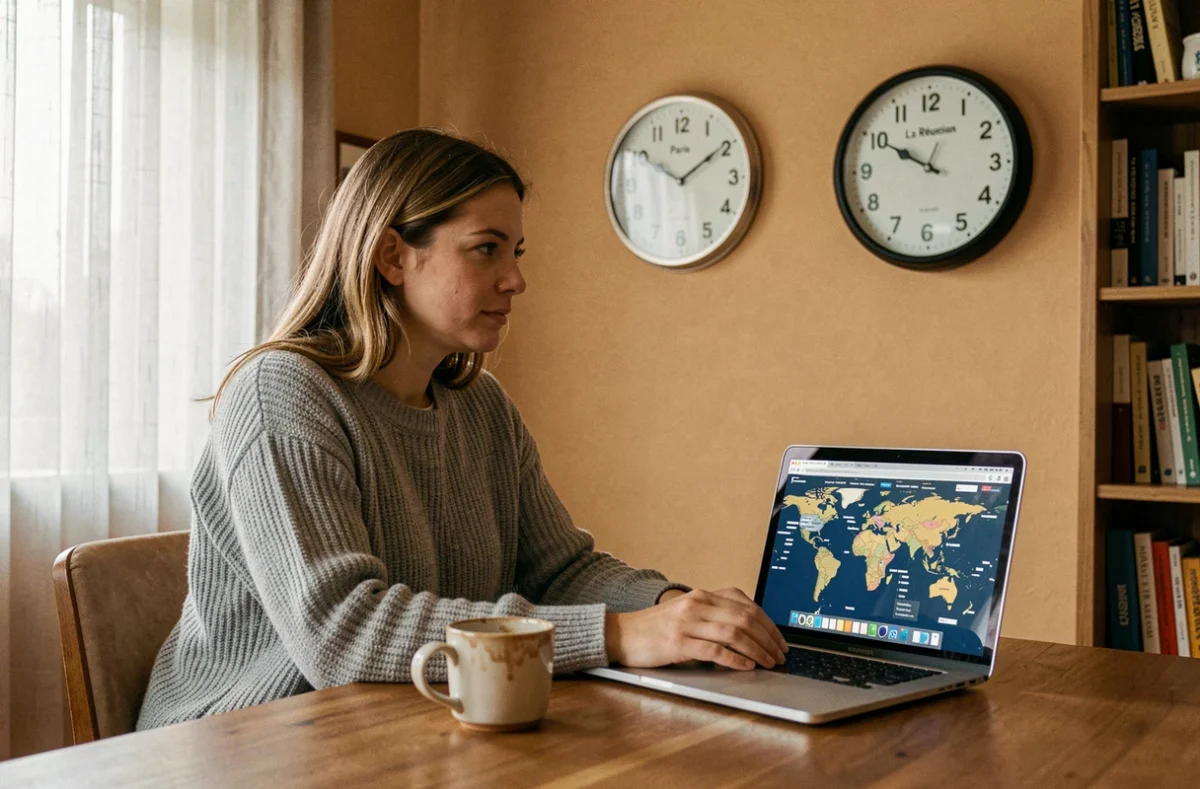 Femme consultant deux horloges murales affichant l'heure de Paris et de La Réunion depuis son bureau à domicile pour gérer le décalage horaire