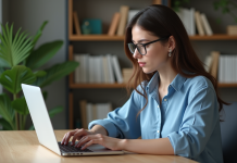 Jeune femme au bureau en ligne avec ordinateur portable
