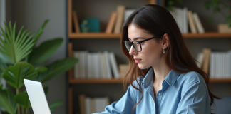 Jeune femme au bureau en ligne avec ordinateur portable
