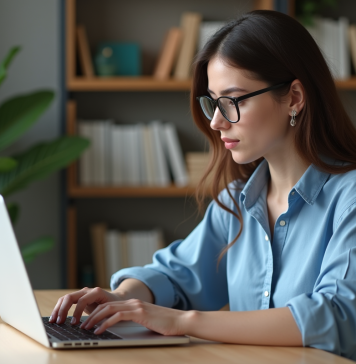 Jeune femme au bureau en ligne avec ordinateur portable