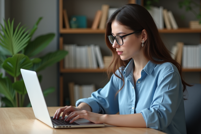 femme-bureau-ordinateur Jeune femme au bureau en ligne avec ordinateur portable