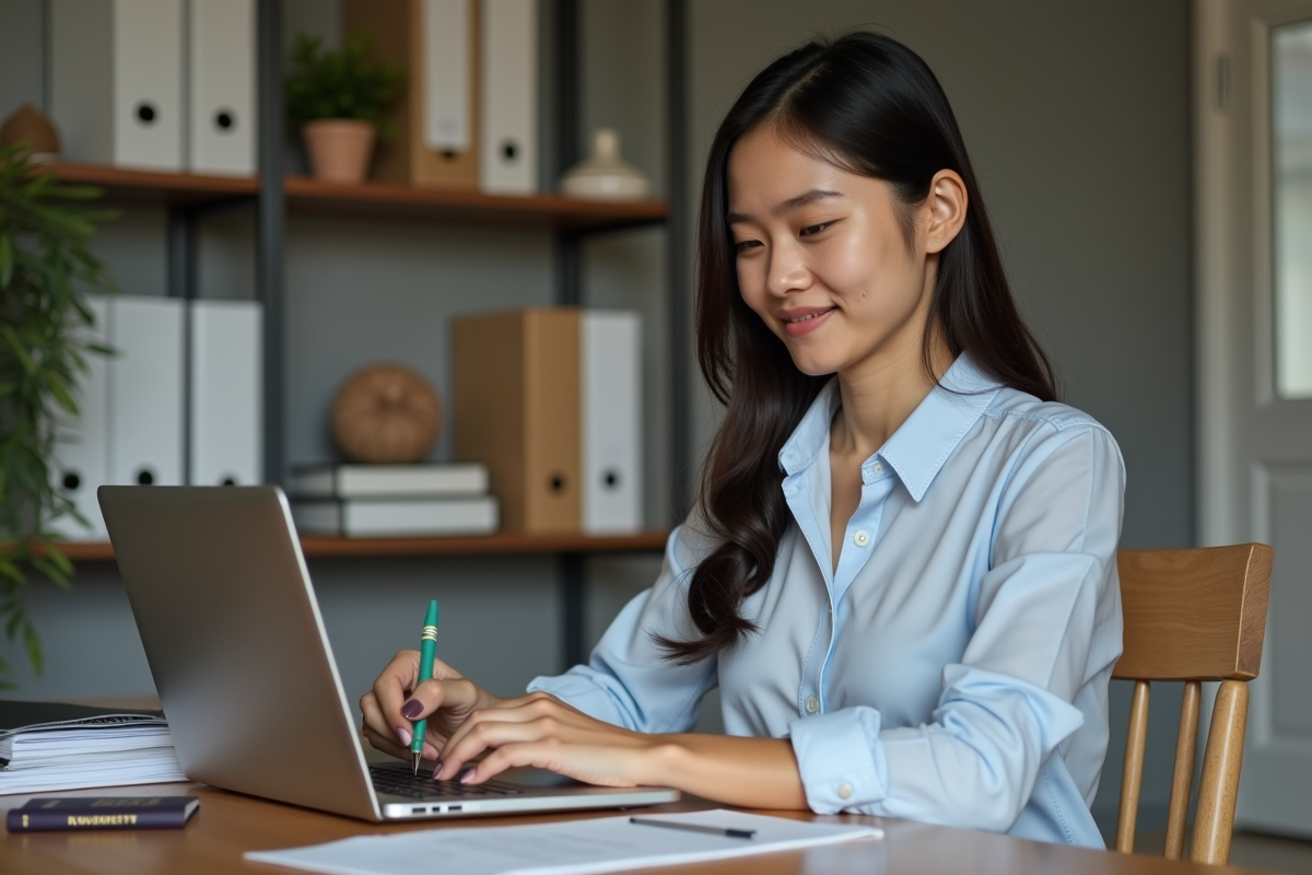 Jeune femme remplissant un formulaire de visa à domicile