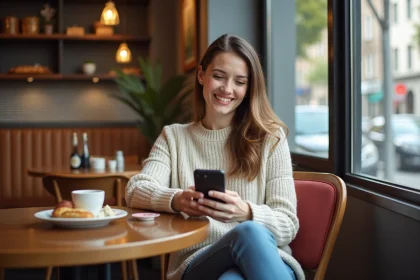 Femme souriante avec smartphone dans un café cosy