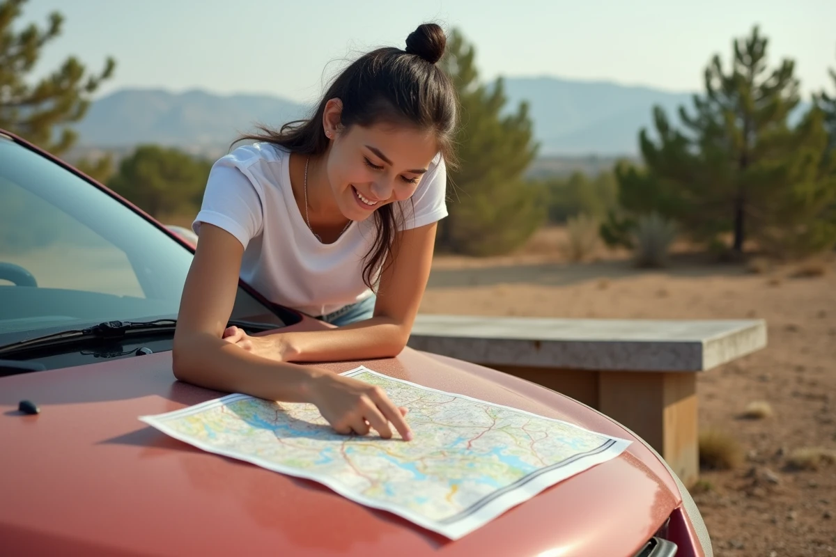 Jeune femme consultant une carte routière papier appuyée sur sa voiture dans une aire d'autoroute espagnole