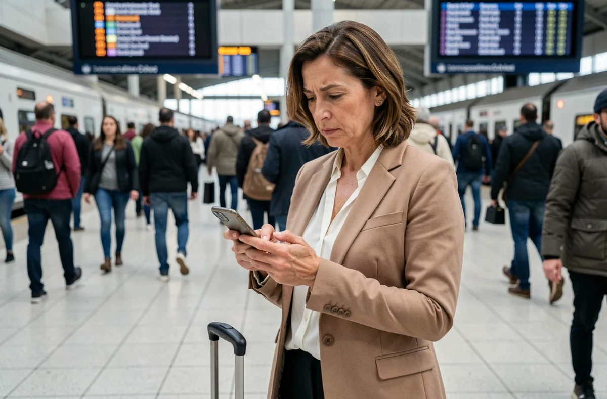 Femme contactant le service client BlaBlaCar depuis une gare avec sa valise
