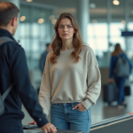 Articles interdits en cabine : évitez les deux erreurs à ne pas commettre ! Jeune femme anxieuse à la sécurité de l'aéroport