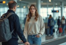 Jeune femme anxieuse à la sécurité de l'aéroport