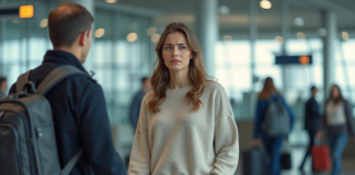 Jeune femme anxieuse à la sécurité de l'aéroport
