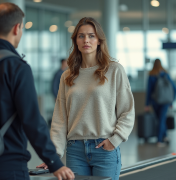 Jeune femme anxieuse à la sécurité de l'aéroport