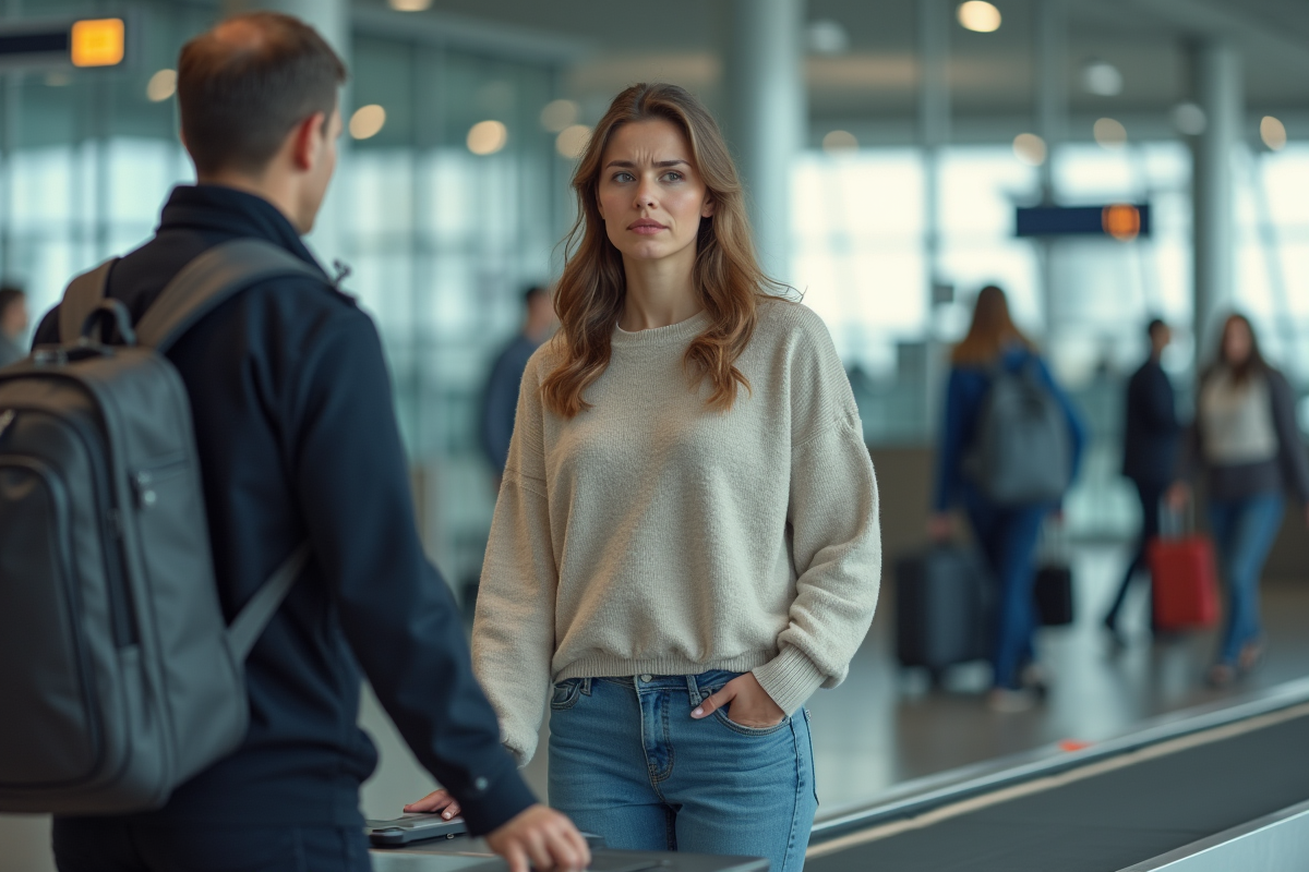 Jeune femme anxieuse à la sécurité de l'aéroport
