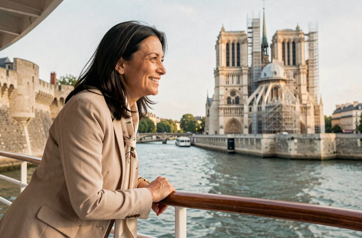 Femme profitant d'une croisière déjeuner sur la Seine avec vue sur Notre-Dame de Paris depuis le pont supérieur