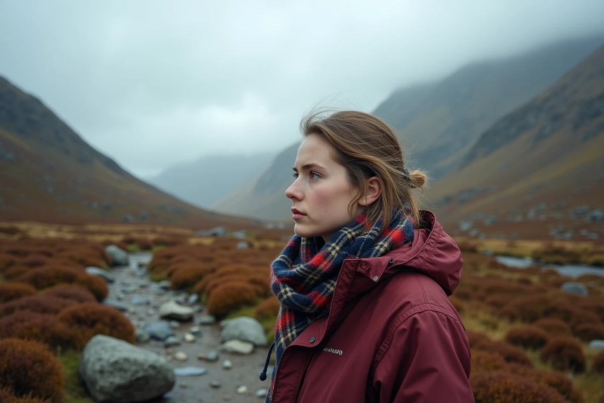 Jeune femme écossaise en randonnée dans les montagnes brumeuses