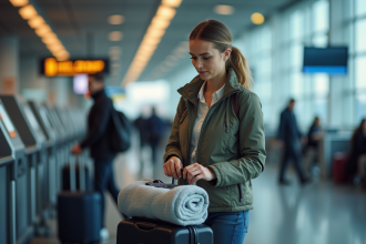 Femme préparant sa valise cabine à l'aéroport