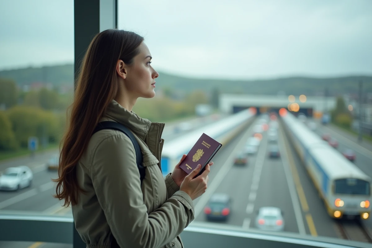 Jeune femme avec passeport dans le terminal de Folkestone