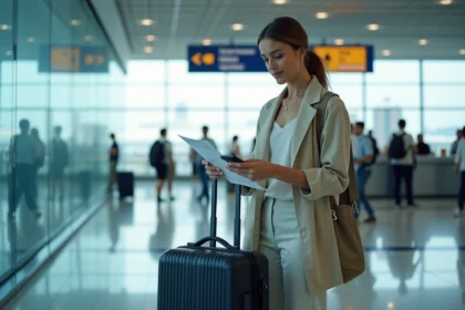 Femme vérifiant ses documents de voyage au comptoir d'enregistrement de l'aéroport de Lyon avant un vol vers la République Dominicaine