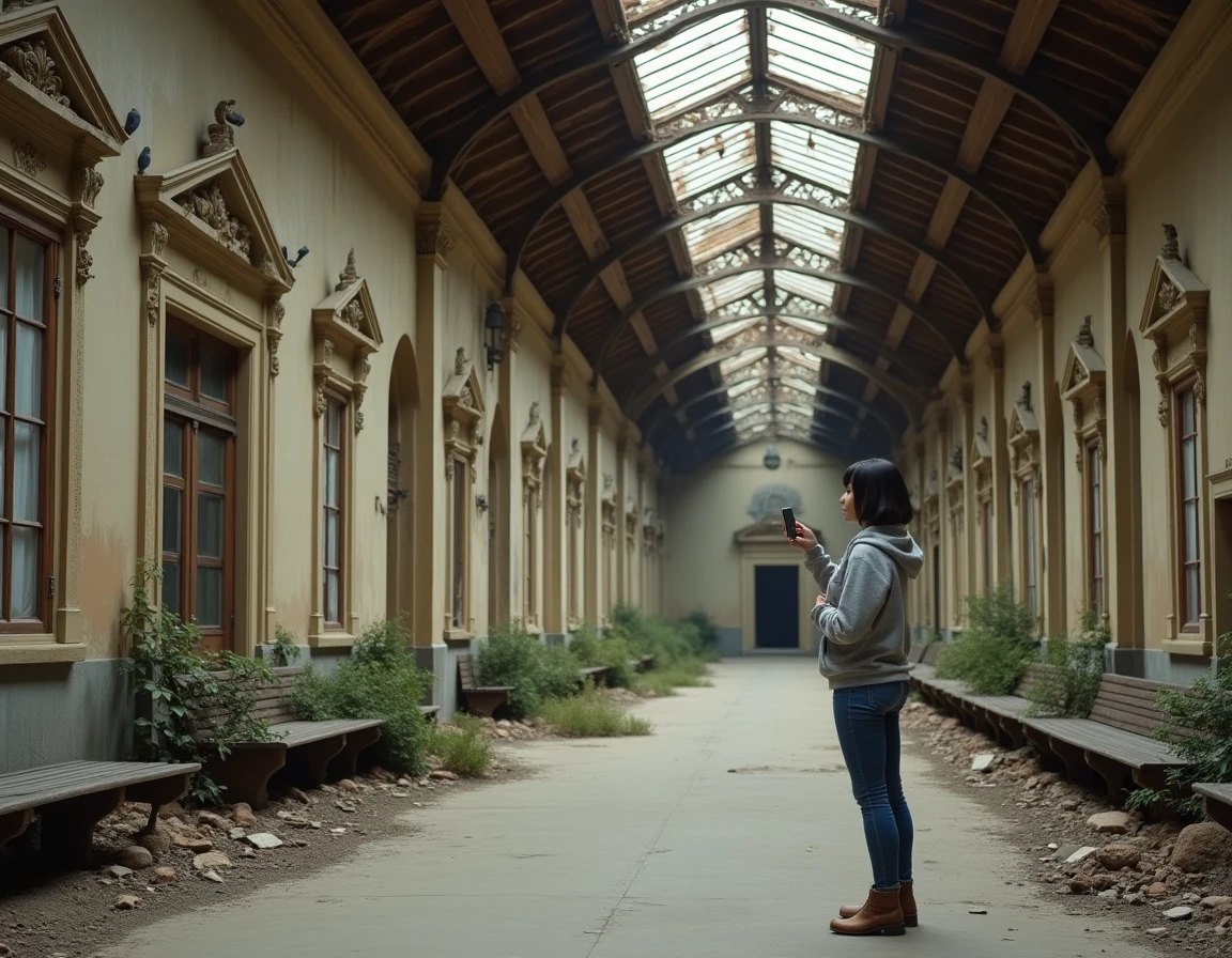 Femme photographiant les détails architecturaux d'une gare abandonnée du XIXe siècle avec des voûtes effondrées et des bancs en bois recouverts de végétation