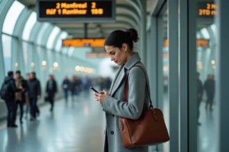 Femme consultant son téléphone devant un tableau des départs en gare, avec des destinations Montréal et New York visibles