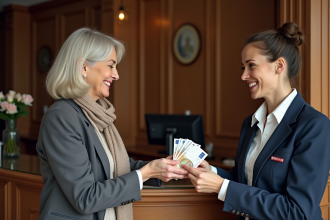 Femme française remet des euros à la réception d'hôtel