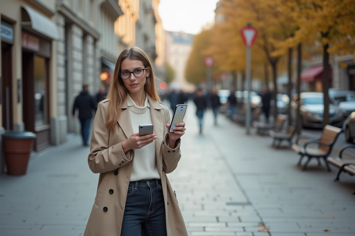 Femme consultant Google Maps pour un itinéraire à pied en ville sur smartphone