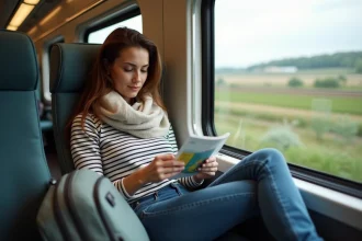 Jeune femme lisant un billet de train dans un train français