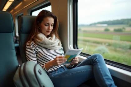 Jeune femme lisant un billet de train dans un train français