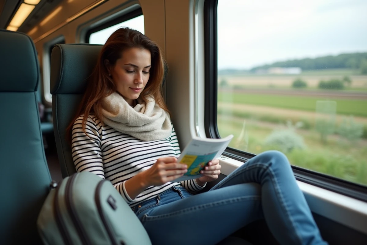 Jeune femme lisant un billet de train dans un train français