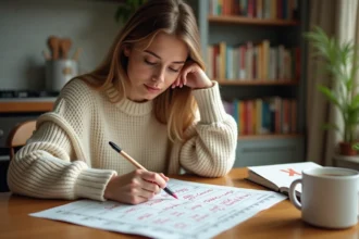 Femme écrivant une liste de villes en X sur une feuille de papier avec un atlas ouvert posé sur une table en bois